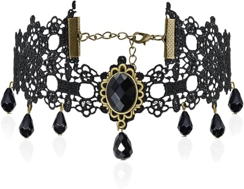 QXRXN Damen Choker Kette Spitze Schwarz, Gothic Steampunk Accessoires, Choker Halsband Damen Vampir Kostüm Zubehör für Halloween Karneval Cosplay Kostüm