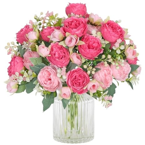 SOMYTING Peony Artificial Flowers, Faux Peony Bouquet 2 Bundles Silk Peonies Bouquets Fake Peonies Artificial Flowers Peonies Bouquet for Wedding Party Centerpiece Table Home Decor（Rose red）