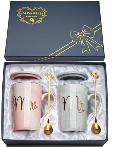 Regalos de Boda para Los Novios, 2PCS Tazas Regalos Originales para Parejas, Regalos de Bodas Originales, Navidad Regalo Pareja, Regalo Aniversario Pareja, 400ml Tazas Parejas con Tapa y Cuchara