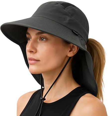 TOP-EX L/XL Pferdeschwanz Sonnenhut Damen mit Nackenschutz UV Schutz Breite Krempe Sommerhut Wasserdicht & Faltbar