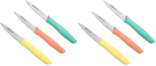Arcos Set Cuchillos Mondadores. 3 Piezas Acero Inoxidable. Cuchillos Cocina Peladores Multicolor para Pelar Frutas y Verduras. Mango Ergonómico Polipropileno. Serie Nova. Naranja, Amarillo y Azul.