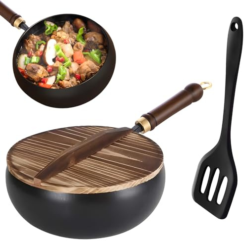 Blomise Unbeschichtete Eisenpfanne,Japanische handgeschmiedeter Antihaftpfanne, Vielseitiges Kochgefäß zum Simmern und Braten bei hoher Hitze,Gas, Induktionsherd-Kompatibel (Holzdeckel)