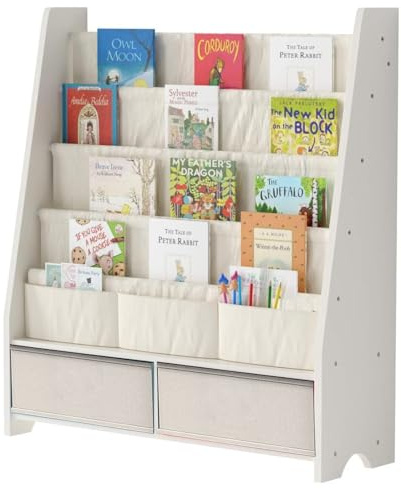 HEYOUTH Scaffale Libri Montessori in Legno Massello con 2 Contenitori e 4 Ripiani Aperti - Mobile Bambini, Libreria con Anti-Ribaltamento 86x70x28cm