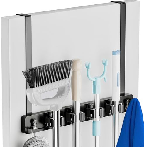 BUERPINKING Besenhalterung Wand, Gartengerätehalter aufhängung Gartengeräte Halterung, Besenhalter mit 4 Haken, Besenständer hängend Wandhalterung Besen ohne Bohren (Schwarz)