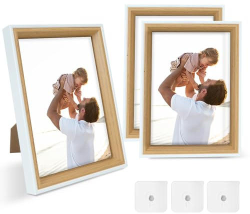 FALSKT 3PCS Cornice Foto 13x18cm Cornice Legno in MDF Portafoto da Tavolo Cornici Foto con Vetro Acrilico per Soggiorno Camera da Letto Bianco,3PCS Ganci Adesivi Per Quadri