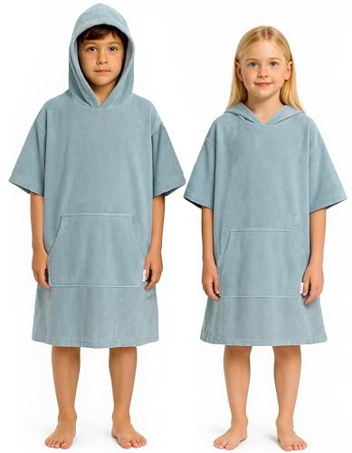 CalmyBEACH Leicht Frottee Badeponcho Kinder - Mädchen Jungen Baumwolle Poncho Handtuch Bademantel Badetuch Surf Strandponcho Kapuzenhandtuch 10-13 Jahre Blau