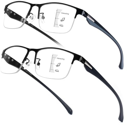 Missfive 2 Pack Occupational Varifocal Glasses Mens, TR90 Near Progressive Multifocal Reading Glasses, Half Frame Blue Light Blocking Multifocus Readers, Near-Mid Range