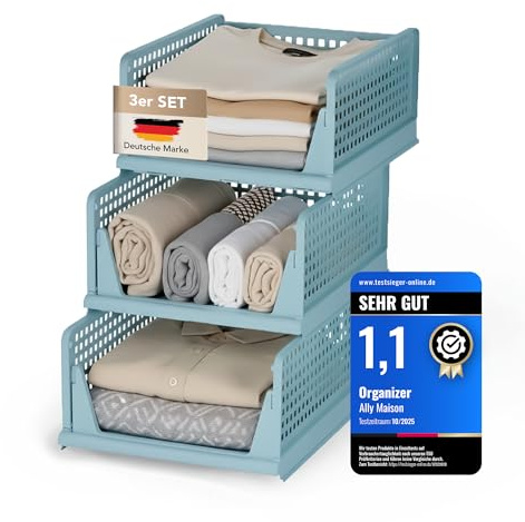 Ally Maison® Schrank Organizer 3er Set (Faltbar & Stapelbar) – Kleiderschrank Organizer Boxen, platzsparende Aufbewahrungsbox aus Kunststoff – für Schrank, Bad, Küche & Büro geeignet – blau