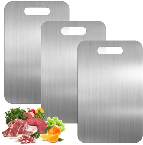 3 Piezas Tabla de Cortar de Titanio, 24x15cm Doble Tabla Cortar Acero Inoxidable, Tabla Cocina Titanio, Titanium Cutting Board para Carne, Queso, Frutas, Verduras