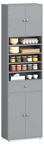 GiantexUK 180cm Tall Kitchen Cupboard, 4-Door Storage Cabinet with Drawer, Adjustable Shelves & Anti-tipping Device, Freestanding Pantry Sideboard Unit for Dining Living Room | Freestanding Pantry Sideboard Unit with Drawer, Adjustable Shelves & Anti-tipping Device for Dining Living Room
