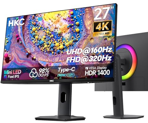 HKC Monitor Gaming 27 Pulgadas 4K UHD Mini LED IPS 160Hz,1ms | Modo FHD 320Hz,550 cd/m²,HDR1400, 2× HDMI 2.1, DisplayPort 1.4, Type-C 90W USB 3.0, Ajustable en Altura, VESA 100×100