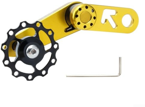 Tensor de cadena de bicicleta de una sola velocidad con conversión de plato ovalado para ciclismo de terreno de montaña, aleación de aluminio y construcción de acero inoxidable (dorado)