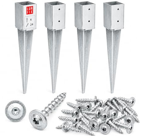 LUN FIX Lot de 4 douilles de sol, à enfoncer, 45 x 45 mm, Hauteur : 550 mm | Épaisseur de paroi : 1,5 mm, En acier galvanisé à chaud, Avec 24 vis Torx T30 de 8 x 40 mm, Pour poteaux, Construction