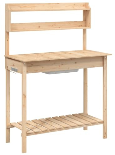 Owoxanthellate Tavolo per piante con lavandino, 147,5 x 44 x 139,5 cm, tavolo da giardinaggio in legno di abete, tavolo da lavoro per giardino, balcone, terrazza, stazione per piante, con ripiani e