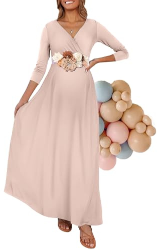 Kim S, Maxi Abito Premaman con Fascia Floreale (S-3XL), Avvolto Increspato Scollo a V, Abito per Servizio Fotografico, Baby Shower, S