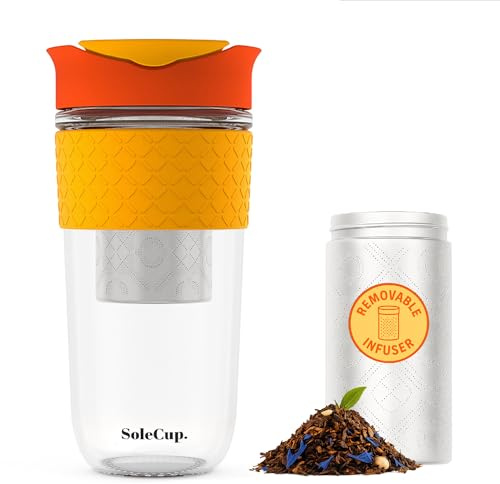 SoleCup. Large Travel Mug Loose Tea Infuser - Detachable Tea Strainer with Spill Proof Lid - 18oz/530ml BPA-Free Reusable Glass Travel Coffee Cup with Silicone Band (Red, 530ml / 18oz)