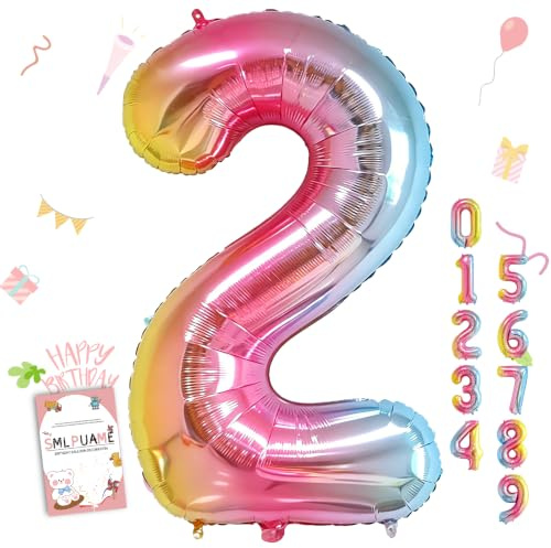 Smlpuame 102cm Folienballon Zahlen Luftballon 0-9 Geburtstag Regenbogen Farbverlauf, Große 2 Ballons für Geburtstagsfeier Feierdekorationen, Heliumfolien Zahlenballons für Hochzeitstag