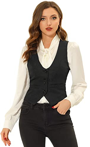Allegra K Damen Anzugweste Ärmellos Gilet Knopfleiste Jacquard Vintage Weste Schwarz M