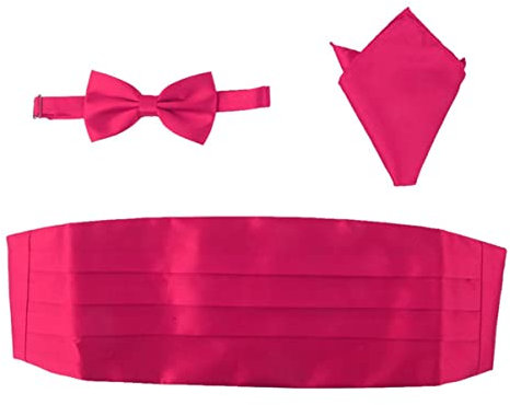 Kisangel Men S Satin Bow Tie Cummerbund and Handkerchief Set for Formal Suit Accessories Adjustable Clip Rosy Red 3 Piece Set for Weddings and Parties