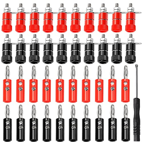 KUOQIY 40 Stück 4mm Bananenstecker Bananenbuchse Steckverbinder Set, Binding Post Terminal + 4mm Lautsprecher Bananenstecke, mit Schraubendreher, für Audio Lautsprecher, Verstärker (Rot + Schwarz)