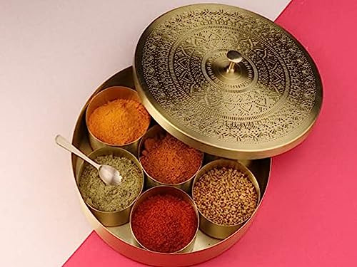 SEMPYIX Pure Brass Masala Box Set with Spoon Container 100 ML - Food Spice Storage Rack Indian Spice Boxes - Mandala 8 Inch
