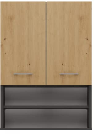 ADGO Armadietto sospeso per lavatrice, 64 x 90 x 30 cm, colore: Antracite/Artisan, mensola da bagno con due ante, 2 ripiani chiusi, 2 ripiani aperti