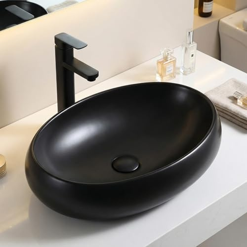 InArt Crystal Accent Matte Black Ceramic Oval Vessel Sink Bowl, Countertop Bathroom Vanity Installation, Slim Rim Modern Designer Wash Basin, Easy Clean Glaze, 24 x 16 x 6 in