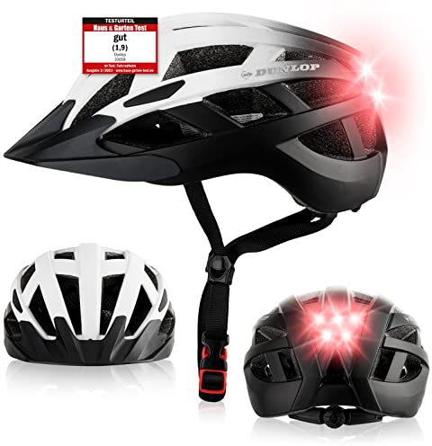Dunlop Sports Fahrradhelm mit Licht - Sofort gesehen Werden - Ultraleichter Spezial Damen Herren Kinder Fahrrad Helm Visier und Rücklicht für hohe Sicherheit - Urban (Weiß/Schwarz, L (58-62 cm))