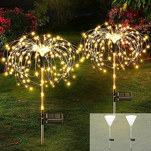DAZZTIME Lampe Solaire Exterieur,2 Pièces Led Lumières Feu D'artifice Solaire,Outdoor Lights Décoration de Jardin pour Balcon Noël Décor,Jardin Patio Pelouse Parterre de Fleurs Fête(Couleur Chaude)