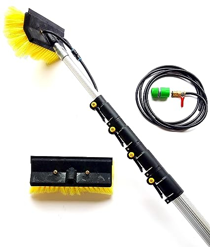 HI-TECH 16ft-20ft-24ft Water Fed Telescopic Window Cleaning Pole, BRUSH HEAD WITH BUILT IN SQUEEGEE BLADE, Long Reach Hose Fed Equipment Extension Extended Extendable 24ft Solar Panel Cleaner Tool Kit