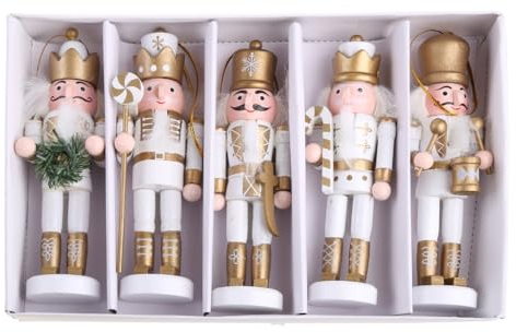 KieTeiiK Lot de 5 figurines casse-noisette de Noël en bois avec base et corde, boîte cadeau de marionnette casse-noisette, casse-noisette, décoration de bureau pour enfants (doré et blanc)