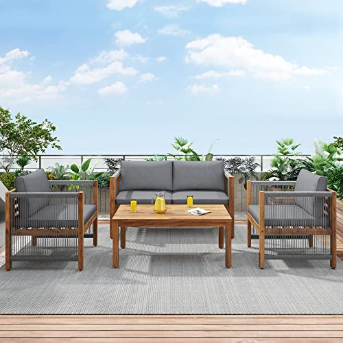 Idemon Loungeset, Gartenmöbel Set, mit bequemem Kissen, Sitzgruppe, Sitzgarnitur Terassenmöbel, Doppelsofa, 2 Sessel und Tisch, Outdoor, Tisch und Stühle, Rattenoptik, Akazie, grau