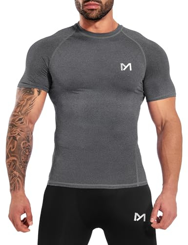 MEETYOO Camicia a Compressione da Uomo Maniche Corte, Traspirante Asciugatura Rapida per Fitness Running Palestra Corsa Allenamento Crossfit, Grigio,L