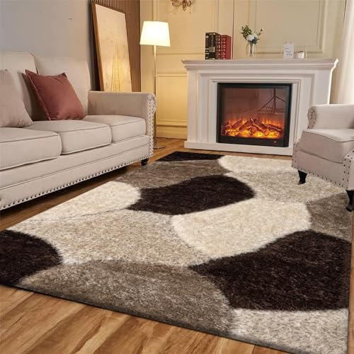 Living Room Rug 120 x 170 cm - Luxury Abstract Design High Pile Non Shed Heavy Mat for Kictehn Dinign Room Kids Bedroom Shaggy Rug - Pona Brown Beige Cream, 120 x 170 cm