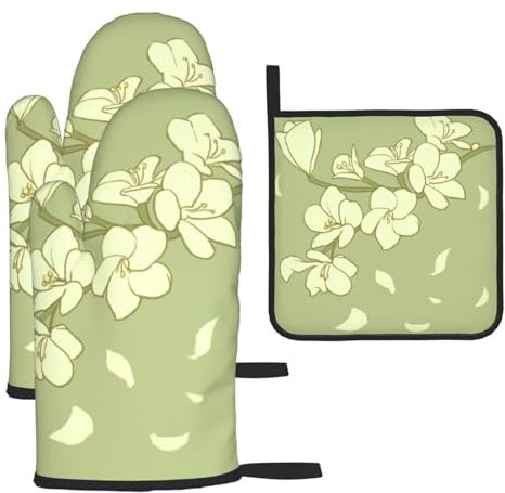 BROLEO Kitchen Baking Set of 3 - Oven Mitts and Pot Holders for Anti-Scalding Heat Insulation Cartoon Begonia Picture