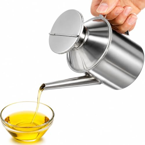 PALUPLUS Oliera in Acciaio Inox con Manico, misura 9x18 cm e Capacità 500 cc, Beccuccio Antigoccia, Resistente al Calore, Dispenser per Olio d'Oliva, Salsa di Soia, Aceto -5947F