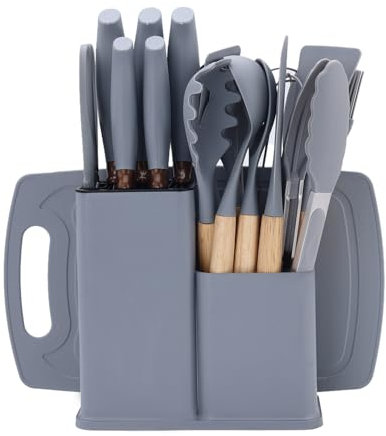 Juego de cuchillos de cocina, paquete de Utensilios de cocina de 19 piezas, que incluye 5 cuchillos y 13 Utensilios de cocina de silicona,1 caja de almacenamiento (Gris)