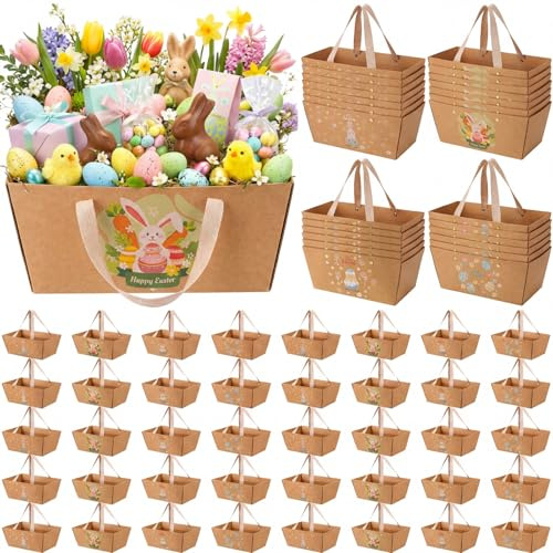 Pinkunn 48 Pcs Easter Basket for Gifts Empty Bulk Gift Basket Kit with Handles 9.8 x 6.5 x 4.3 Inch Bunny Kraft Market Tray Easter Egg Gift Basket Box for Easter Holiday Gift Packages Wrapping