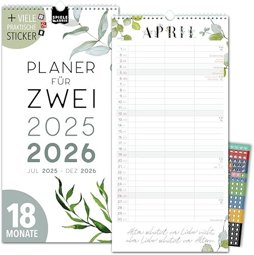 Paarplaner 2026 18 Monate FLORAL 3 Spalten Planer für Zwei Juli 25 bis Dezember 26 Paarkalender 16x32,5cm Partnerkalender 2026 Wandplaner & STICKER Recycling Urlaub inkl. Pflanzkalender