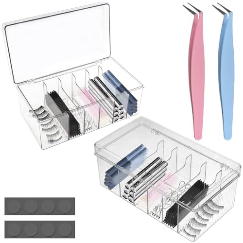 2PCS Acrylic Lashes Organizer, Eyelash Storage Box with 2PCS Tweezers and Sticky Notes, Large Capacity Eyelash Extension Supplies Organizer with Lid, Neatly Store and Organize Your Lash Supplies
