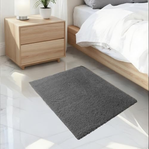 RUN HELIX Fluffy Shaggy Rugs Living Room, Modern Small Grey Area Rug with Anti-Slip Backing, Machine Washable Non-Shedding Carpet for Bedroom, Dining room, Kids Room, Nursery, Dark Grey, 50x80 cm