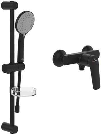 Set de ducha de superficie Oasis de Villeroy & Boch (paquete 2 en 1), sistema de ducha con grifería de ducha, teleducha, flexo de teleducha, barra de ducha incl. soporte de teleducha, negro mate