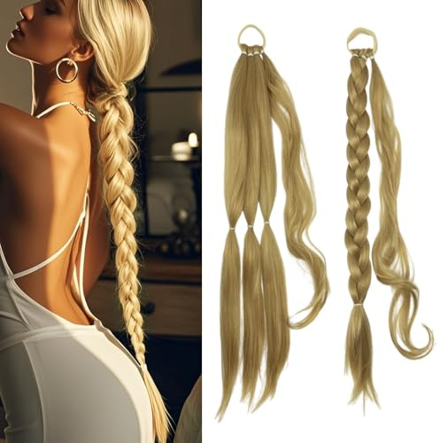 TUONYIS Extensions Pferdeschwanz Verlängerung mit Haargummi Lange Geflochtener Ponytail Verlängerung Natürliches Haarverlängerung Synthetisches Zopf Haarteil 24 Inch(Flachs Cyan)