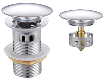 TODOT Bonde de Lavabo Pop-up, Bonde Lavabo Salle de Bain avec Panier Filtrant, Vidage Clapet Push Open Pour Lavabo, Chromé G 1 ¼ (Chromé avec Trop-plein et Panier L)