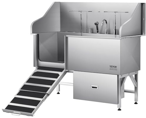 VEVOR Stainless Steel Dog Washing Station, 154.94 cm Pet Grooming Tub w/Ramp, Water Filter Board, Faucet & Showerhead & Leash Dog Bathtub for Large & Medium & Small Pets (Left Door)