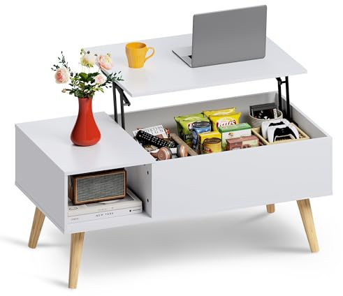 WLIVE Couchtisch Höhenverstellbar und Ausziehbar, Wohnzimmertisch mit Großem Verstecktem Staufach, Hebeplatte Kaffeetisch für Büro,50 x 100cm Sofatisch, Weiß