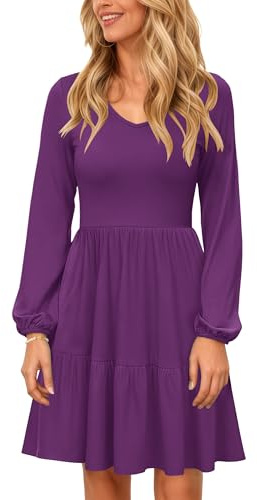 PLOKNRD Vestido de Cuello V Manga Larga de Mujer con Bolsillo Elegante Vestidos en Capas Falda Corta Casual de Otoño e Invierno Morado XL