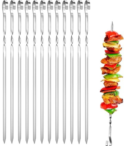 ODUR BBQ Skewers for Grilling, 15'' Flat Stainless Steel Kabob Skewers for Grilling Meat, Chicken & Vegetable 12-Piece Set