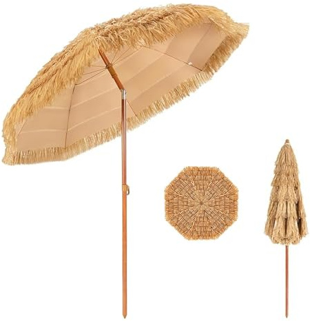 YCBTPS Ombrellone da Spiaggia Naturale, Ombrellone da Esterno Struttura Stabile in Metallo E Antivento, Parasole Hawaiano in Paglia Simulata con 8 Stecche(1.6m/5.2ft)