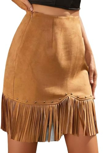 Jupe à franges style western avec détails cloutés, coupe flatteuse, design tendance pour les tenues décontractées et les occasions spéciales, marron, S
